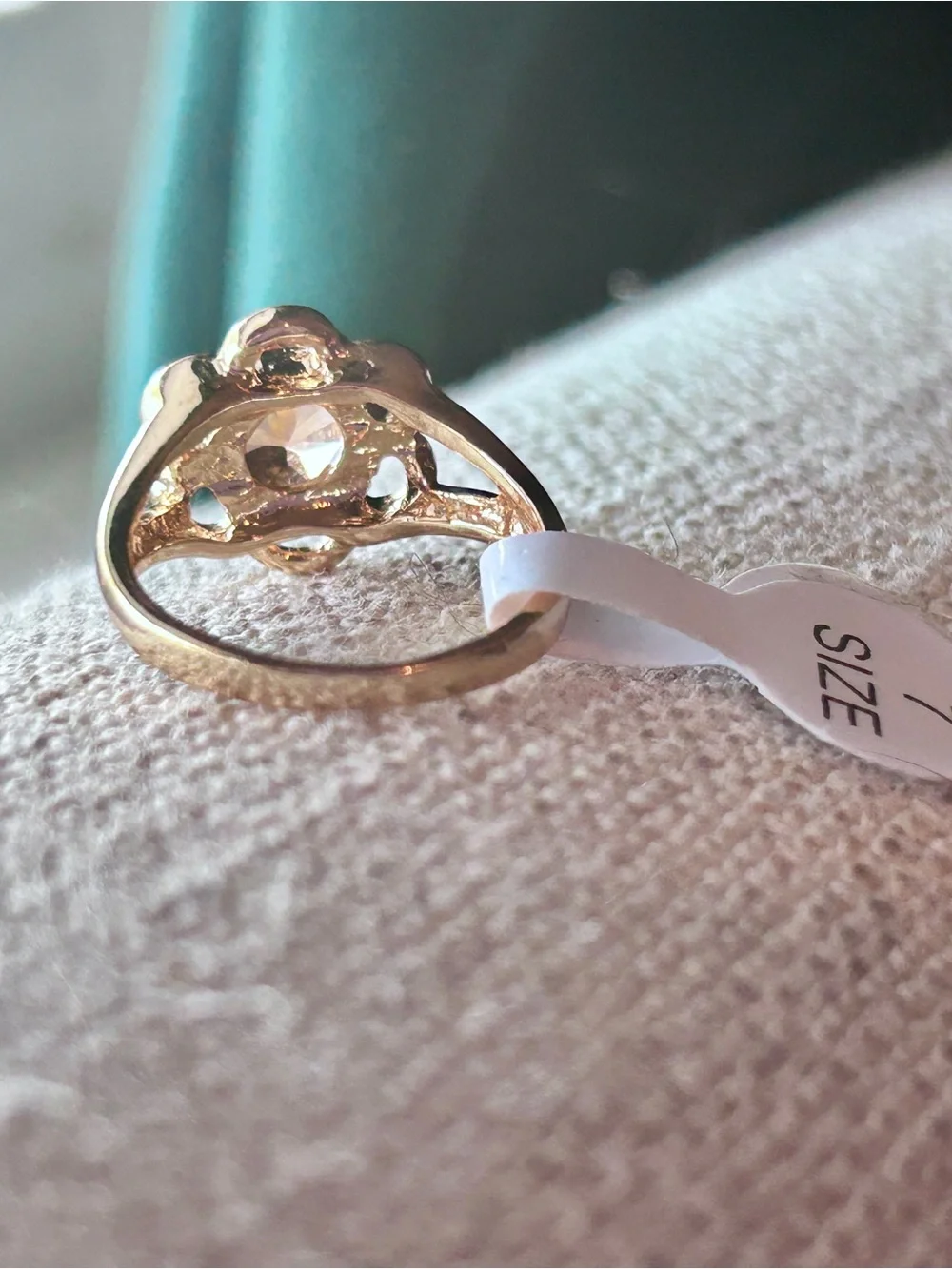 Gold Floral Peach CZ Ring - size 7